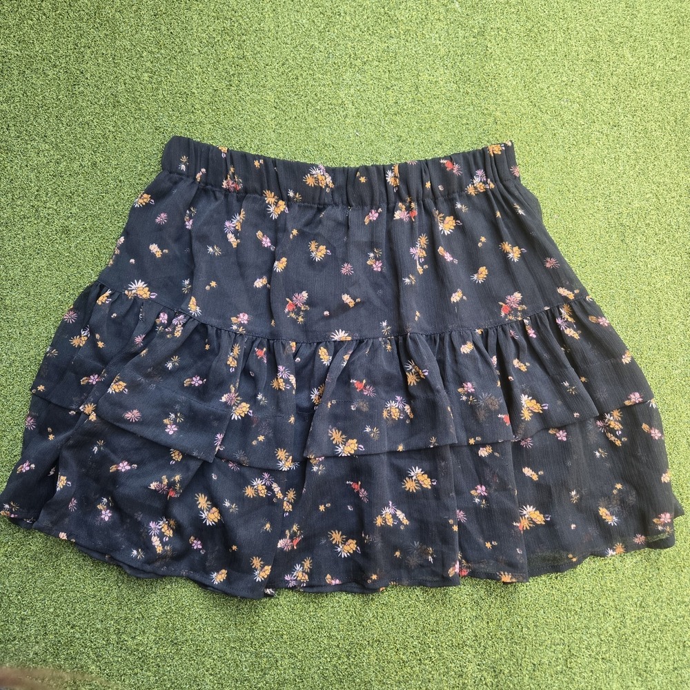 Free People Skirt Women's Medium Black Floral Print Ruffle Mini - Picture 3 of 10
